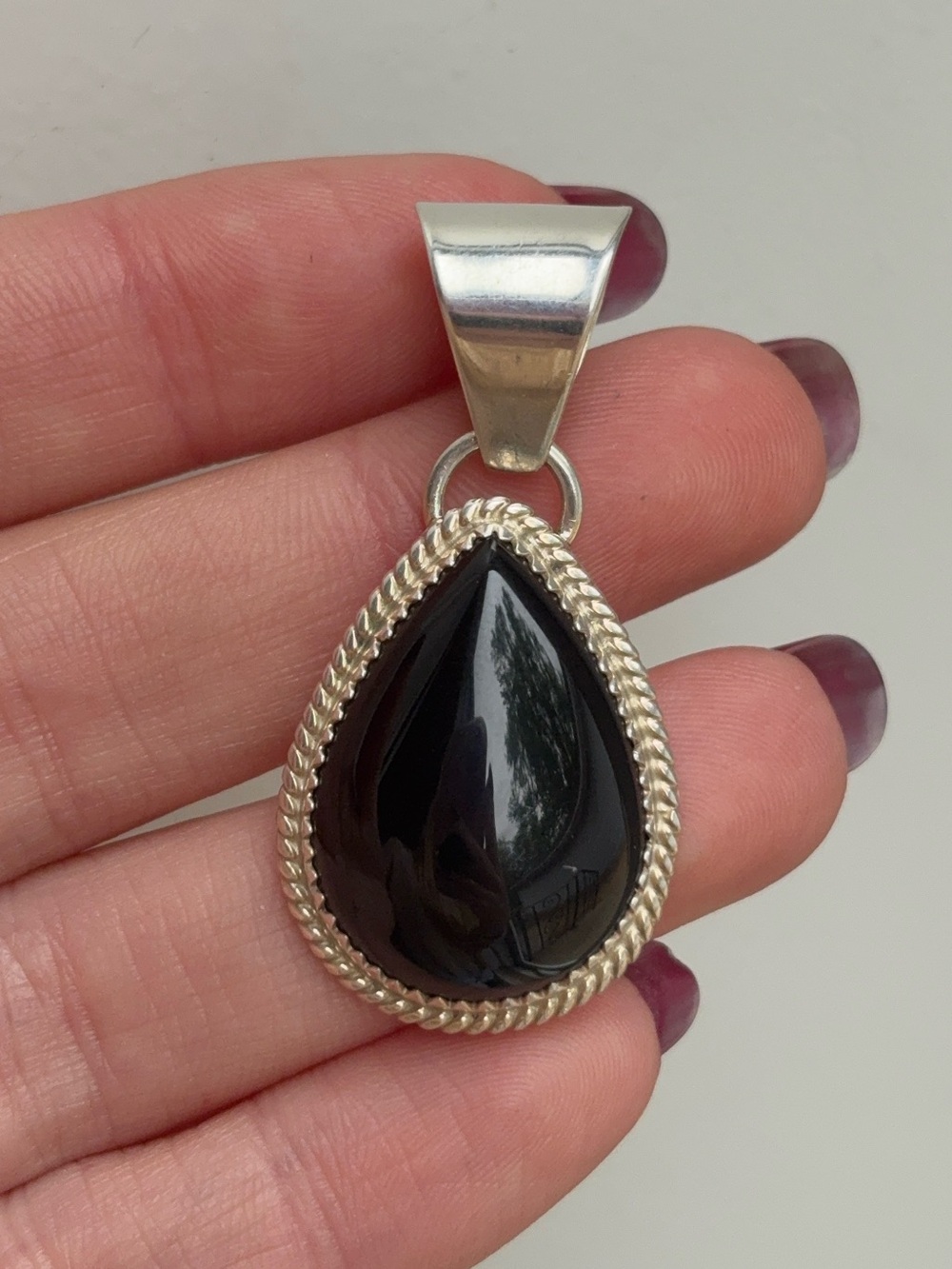 Large Sterling Silver Teardrop Black Onyx Pendant